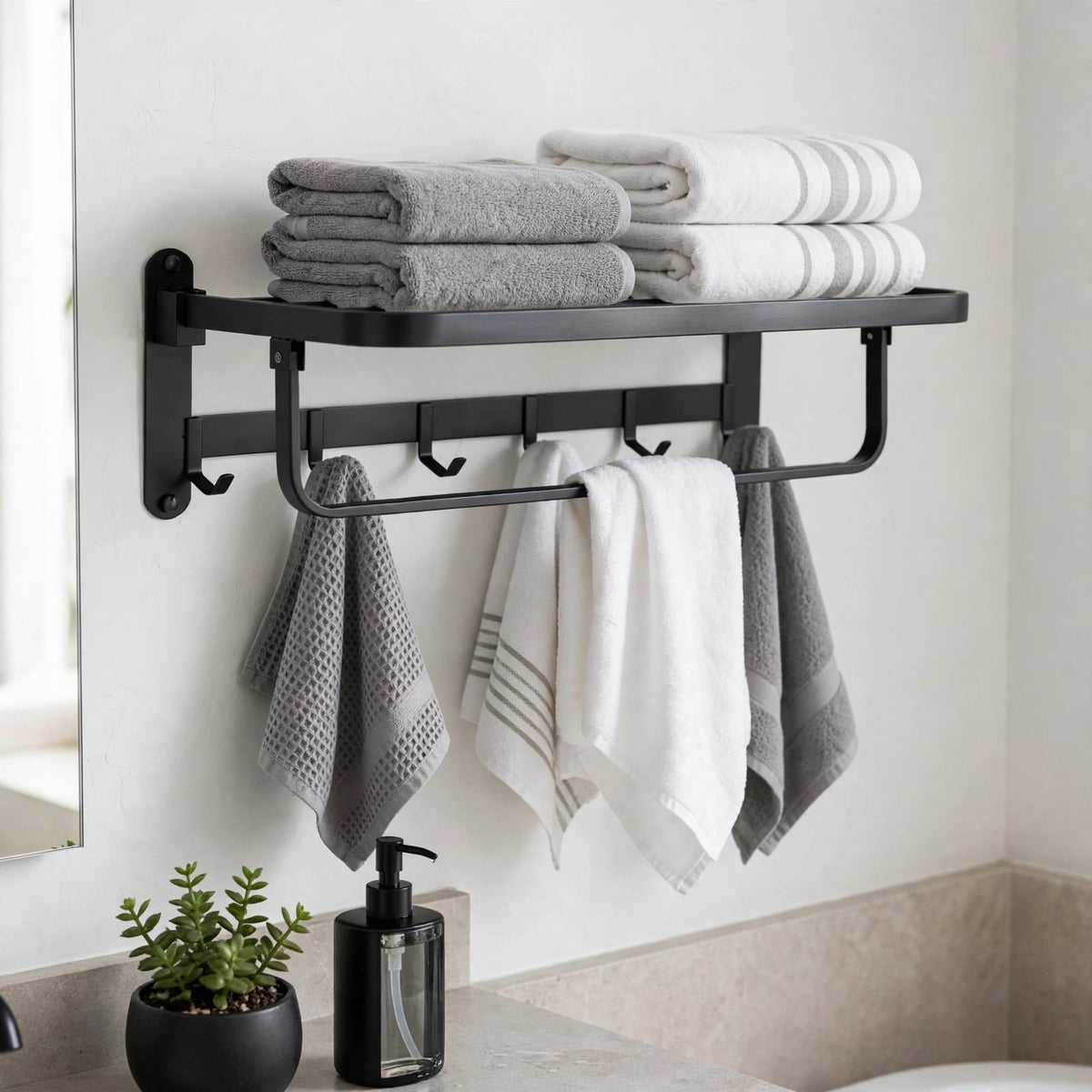 Wall Mounted Foldable Towel Rack with Shelf & 5 Hooks - Matte Black Aluminium Bathroom Organizer Kenya