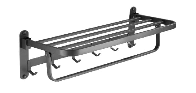 Wall Mounted Foldable Towel Rack with Shelf & 5 Hooks - Matte Black Aluminium Bathroom Organizer Kenya