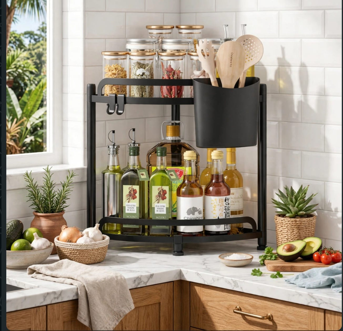 2-Tier Corner Kitchen Spice Rack with Utensil Holder & Hooks - Carbon Steel Countertop Organizer Kenya