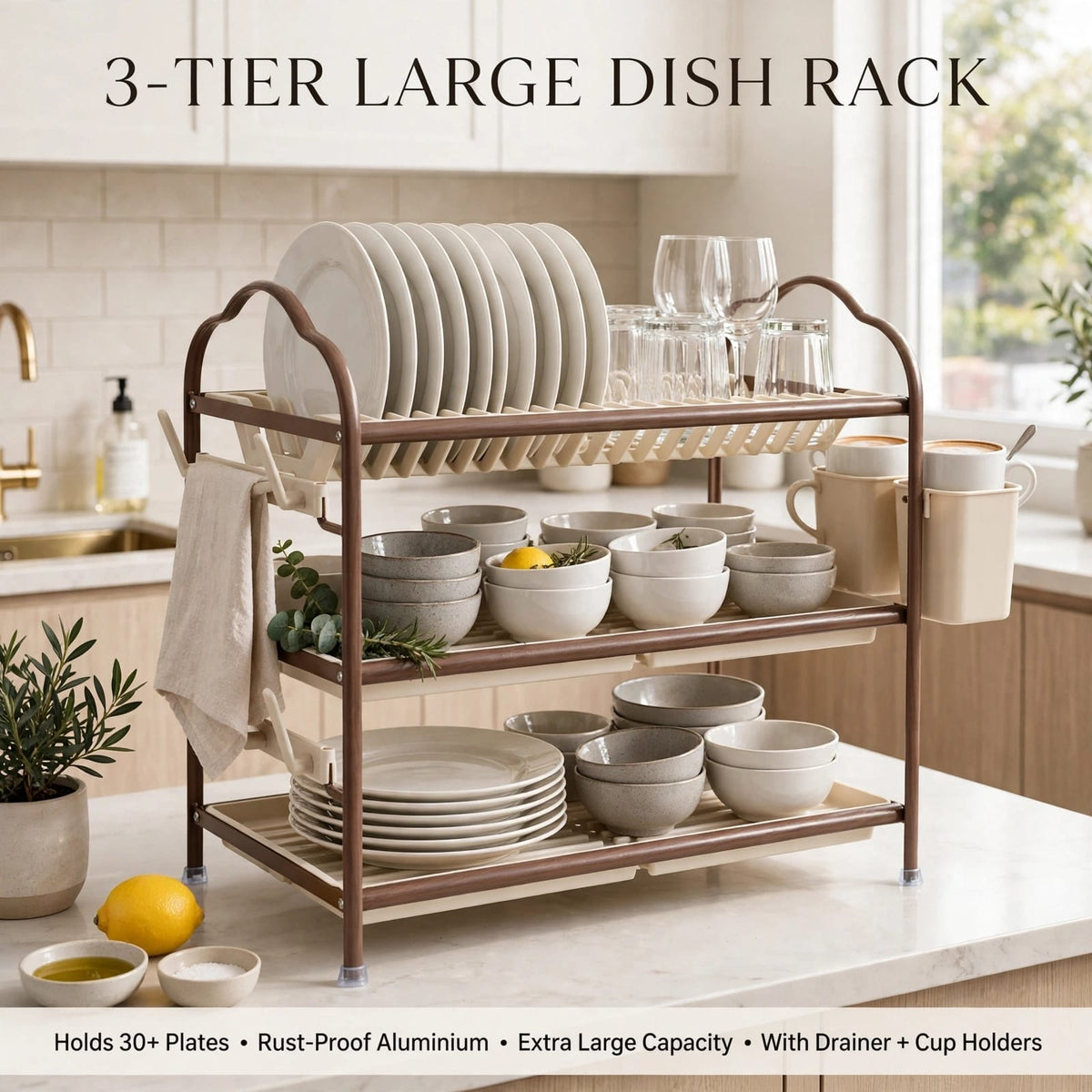 Aluminium Dish Drying Rack with Drainer Tray, Cutlery Holder & Mug Hooks - 2-Tier or 3-Tier Rustproof Dish Rack Kenya