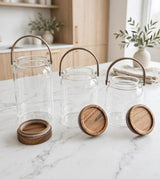 Borosilicate Glass Storage Jar with Acacia Wood Lid and Leather Handle Kenya | Airtight Pantry Canister for Flour, Rice, Cereal and Coffee, 1.5L, 2L, 2.5L or Set of 3