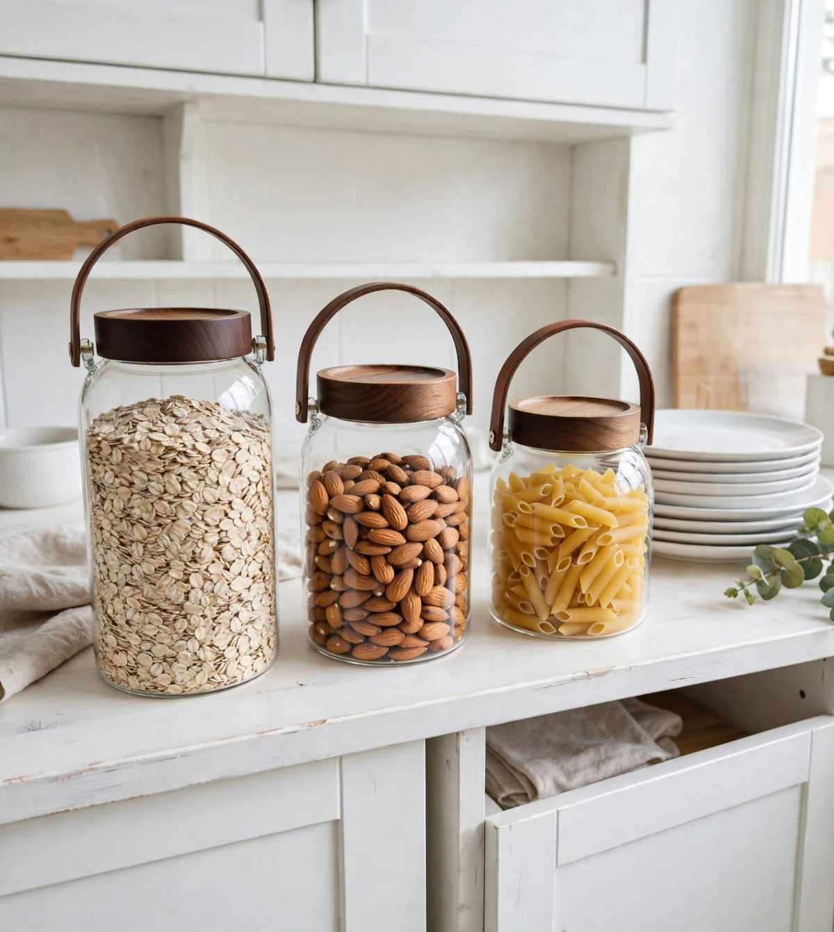 Borosilicate Glass Storage Jar with Acacia Wood Lid and Leather Handle Kenya | Airtight Pantry Canister for Flour, Rice, Cereal and Coffee, 1.5L, 2L, 2.5L or Set of 3