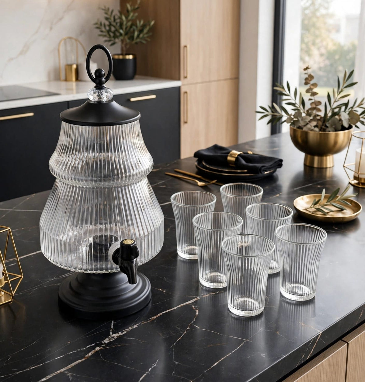 7 Piece Luxury Ribbed Glass Juice Dispenser Set with 6 Glasses Kenya | 3.5L Beverage Dispenser with Tap and 250ml Glasses for Parties, Chama, Christmas and Hotels