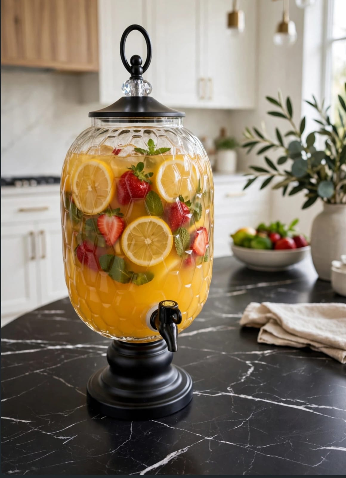 6L Pineapple Honeycomb Glass Drink Dispenser Black Kenya | Crystal Look Juice and Beverage Dispenser with Black Base, Lid and Self-Serve Tap for Chama, Parties and Weddings