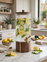 5L Luxury Ribbed Glass Drink Dispenser with Wood Base and Lid Kenya | Juice and Beverage Dispenser with Self-Serve Tap for Family, Parties and Events