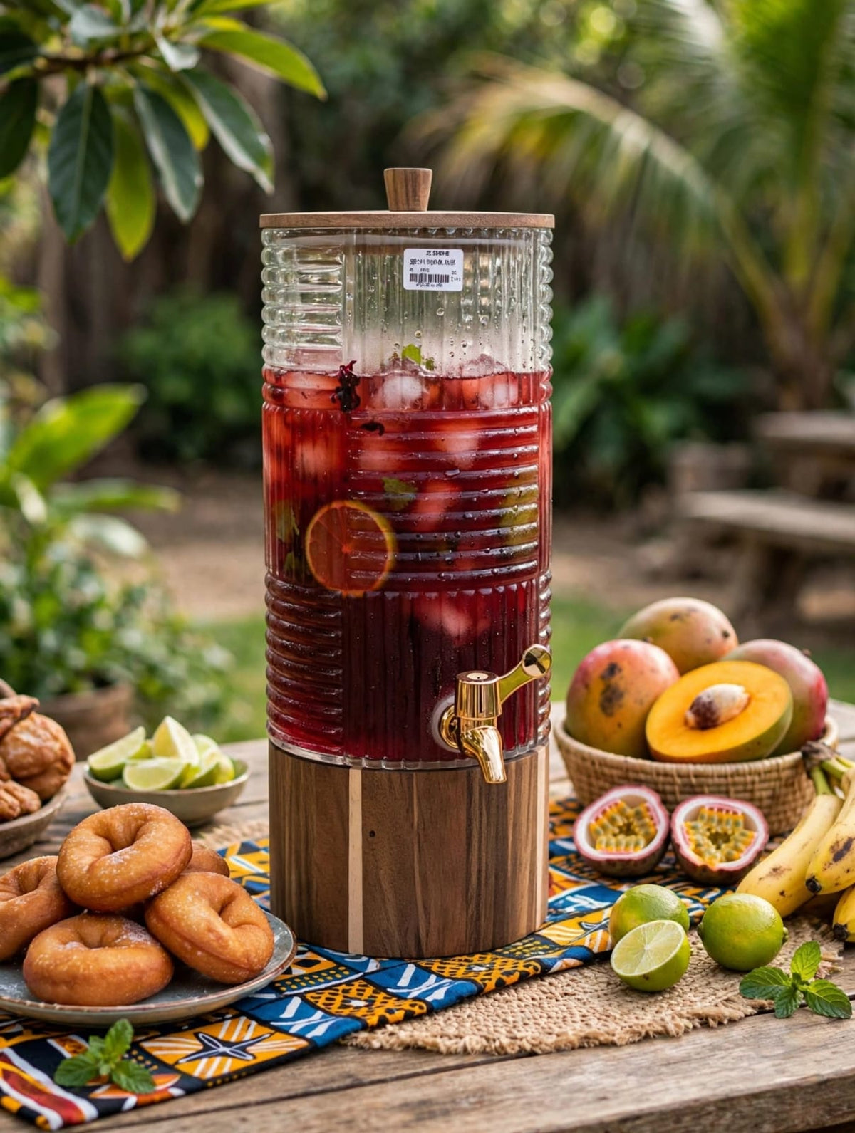 5L Luxury Ribbed Glass Drink Dispenser with Wood Base and Lid Kenya | Juice and Beverage Dispenser with Self-Serve Tap for Family, Parties and Events