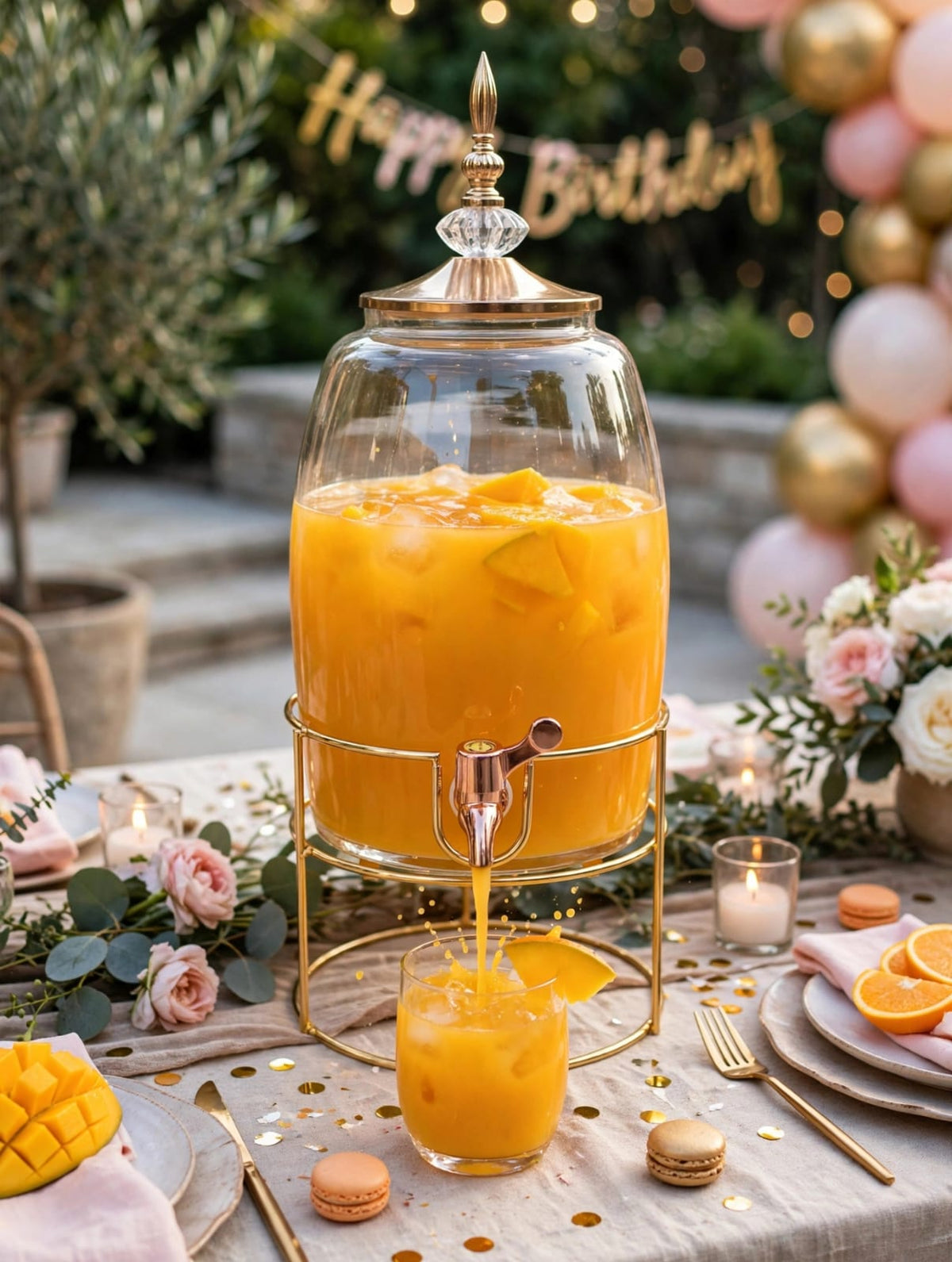 6L Luxury Crown Glass Drink Dispenser with Gold Stand Kenya | Juice and Beverage Dispenser with Gold Lid and Rose Gold Tap for Parties, Chama and Weddings