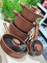 14 Piece Brown Rattan Non-Stick Cookware Set Kenya | Woven Texture Casserole, Saucepan and Deep Frying Pan Set with Vented Glass Lids, Detachable Handle and 6 Kitchen Tools