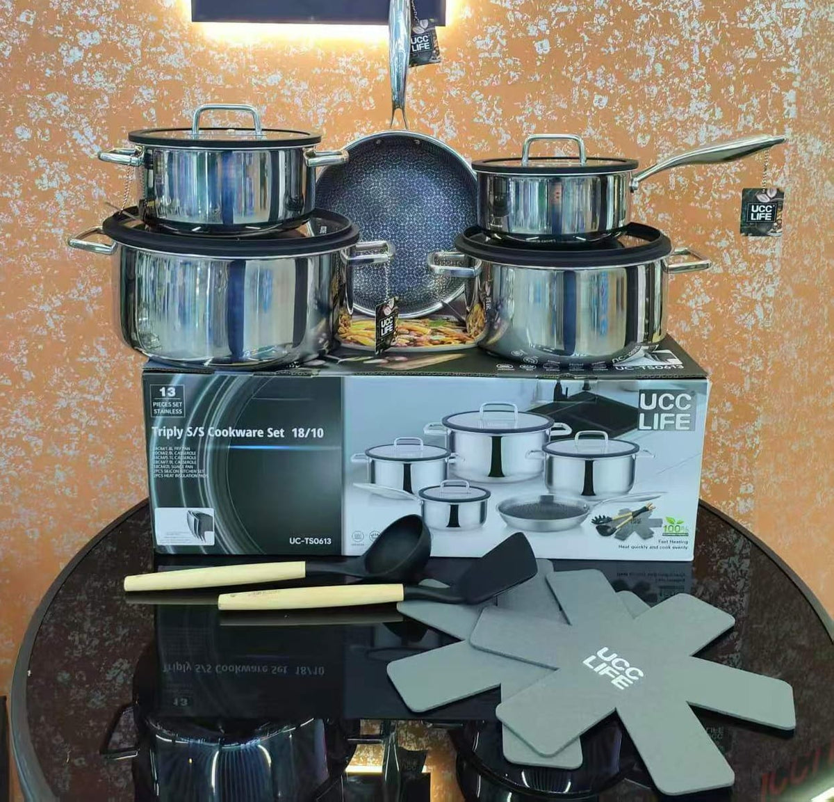 UccLife 13 Piece Triply Stainless Steel Cookware Set Kenya | Ribbed Sufuria Set 18cm to 28cm and Frying Pan with Lids, Silicone Spoons and Pot Protector, Induction Compatible