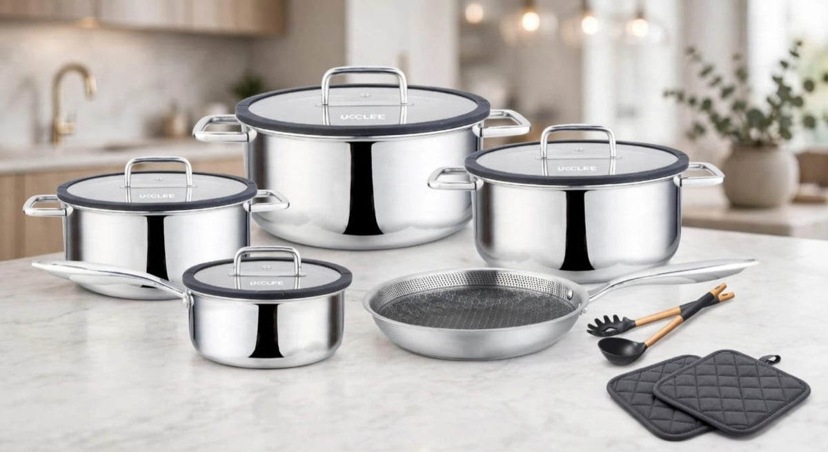 UccLife 13 Piece Triply Stainless Steel Cookware Set Kenya | Ribbed Sufuria Set 18cm to 28cm and Frying Pan with Lids, Silicone Spoons and Pot Protector, Induction Compatible