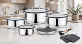 UccLife 13 Piece Triply Stainless Steel Cookware Set Kenya | Ribbed Sufuria Set 18cm to 28cm and Frying Pan with Lids, Silicone Spoons and Pot Protector, Induction Compatible