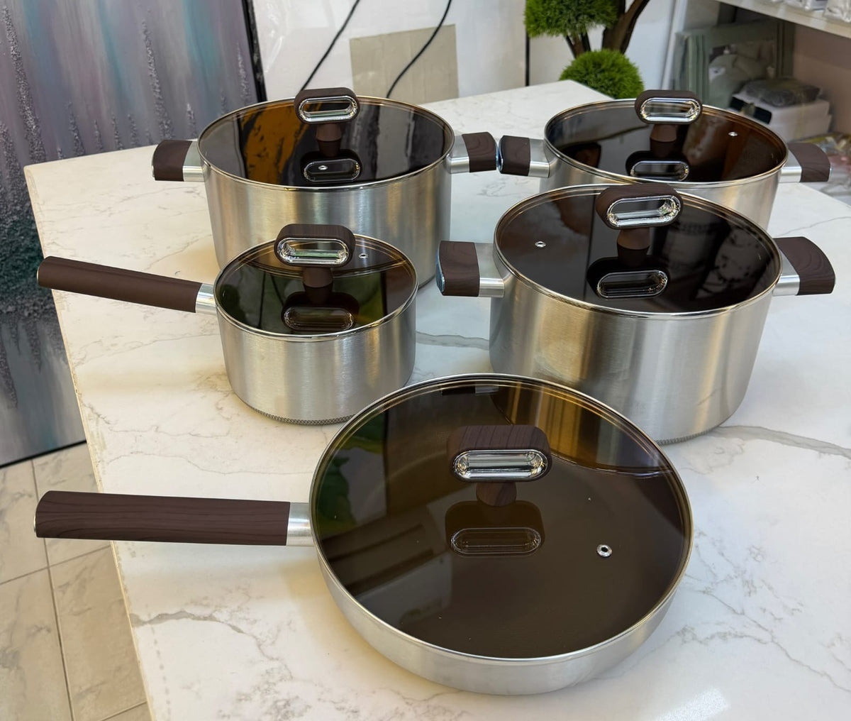 10 Piece Titanium Non-Stick Triply 18/10 Stainless Steel Cookware Set Kenya | Wood Handle Sufuria Set with Amber Glass Lids, Induction Compatible