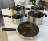 10 Piece Titanium Non-Stick Triply 18/10 Stainless Steel Cookware Set Kenya | Wood Handle Sufuria Set with Amber Glass Lids, Induction Compatible