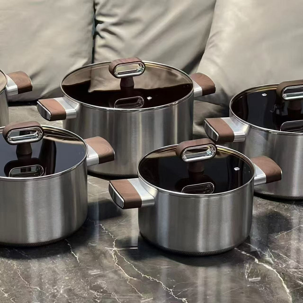 10 Piece Titanium Non-Stick Triply 18/10 Stainless Steel Cookware Set Kenya | Wood Handle Sufuria Set with Amber Glass Lids, Induction Compatible