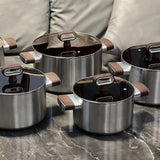 10 Piece Titanium Non-Stick Triply 18/10 Stainless Steel Cookware Set Kenya | Wood Handle Sufuria Set with Amber Glass Lids, Induction Compatible