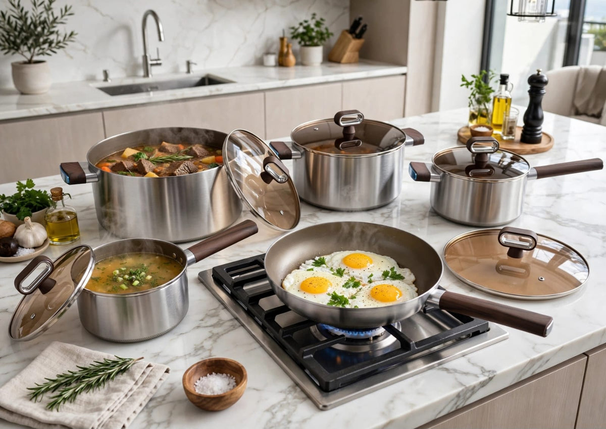 10 Piece Titanium Non-Stick Triply 18/10 Stainless Steel Cookware Set Kenya | Wood Handle Sufuria Set with Amber Glass Lids, Induction Compatible