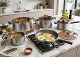 10 Piece Titanium Non-Stick Triply 18/10 Stainless Steel Cookware Set Kenya | Wood Handle Sufuria Set with Amber Glass Lids, Induction Compatible
