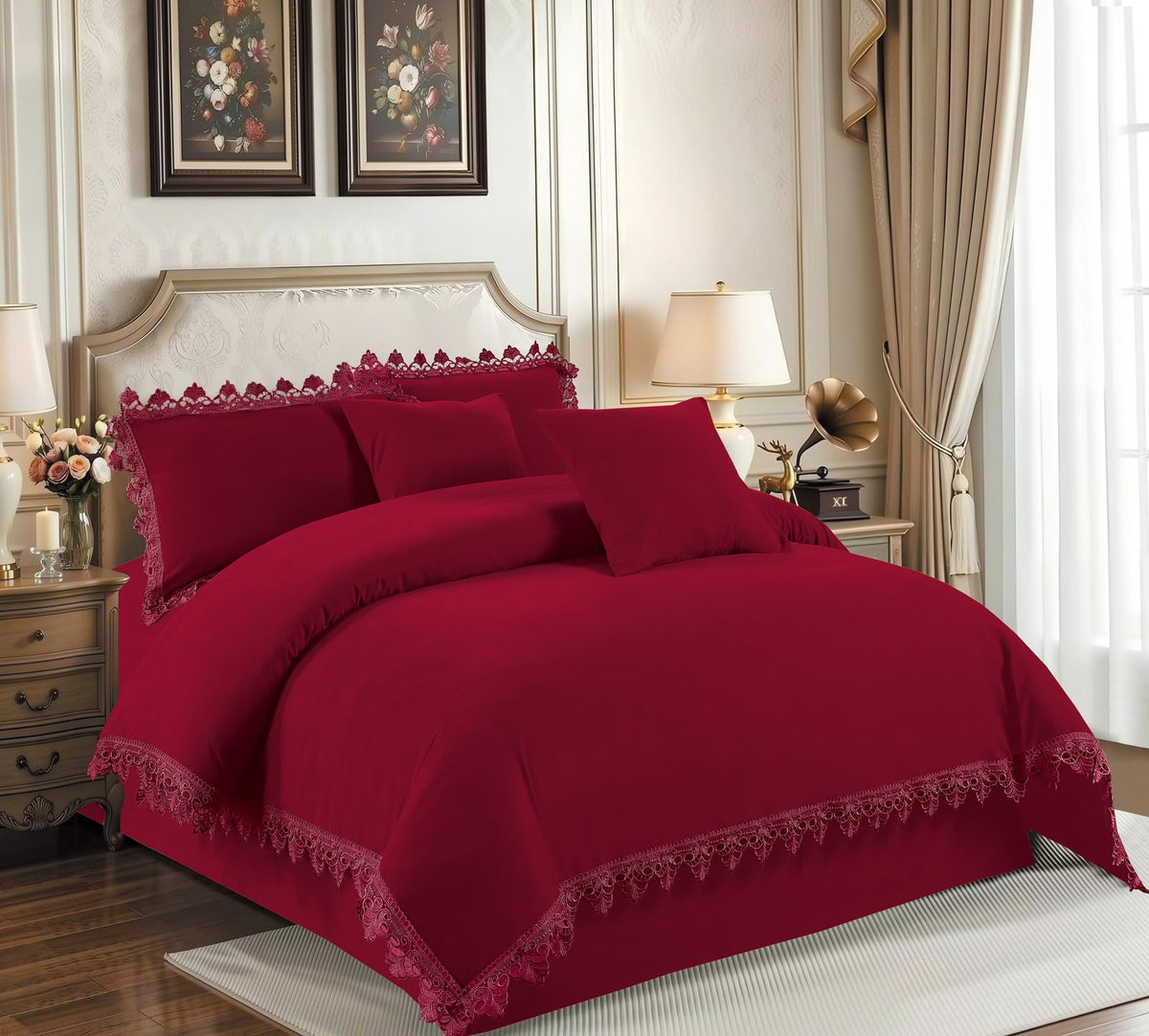 Lace Trim Duvet Set King Size 6x6, Filled Duvet with 2 Lace Edged Pillowcases, Brushed Microfibre, Grey, Beige, White, Blue or Red