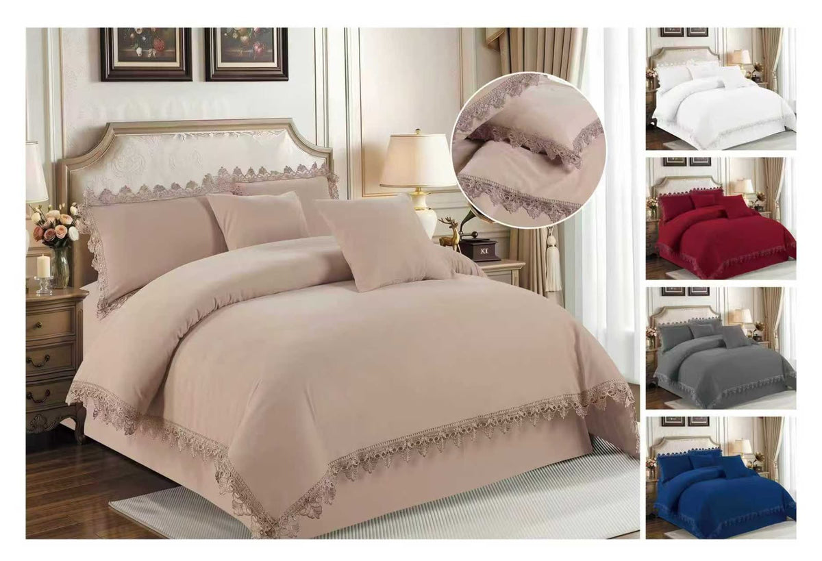 Lace Trim Duvet Set King Size 6x6, Filled Duvet with 2 Lace Edged Pillowcases, Brushed Microfibre, Grey, Beige, White, Blue or Red