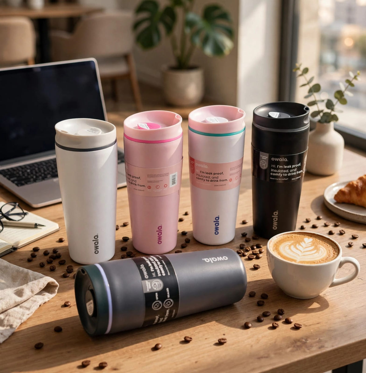 Owala SmoothSip Slider Insulated Coffee Tumbler 596ml 20oz, Stainless Steel Travel Mug with Leak Proof Slide Lid, Hot 6 Hours Cold 24 Hours