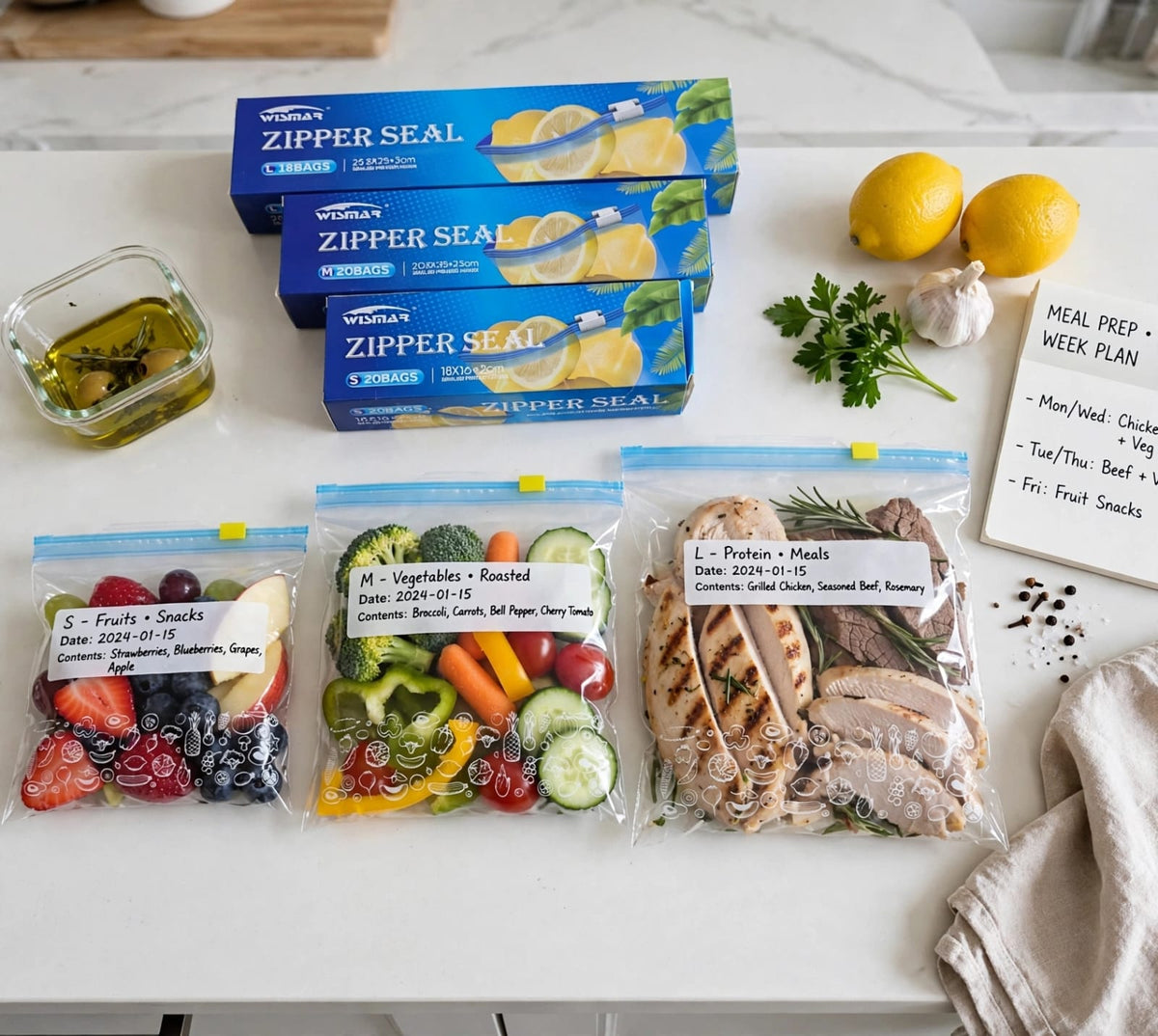 Ziplock Bags 20 Pack, Airtight Food Storage Freezer Bags with Date Label, Small 0.5kg, Medium 1kg or Large 2kg