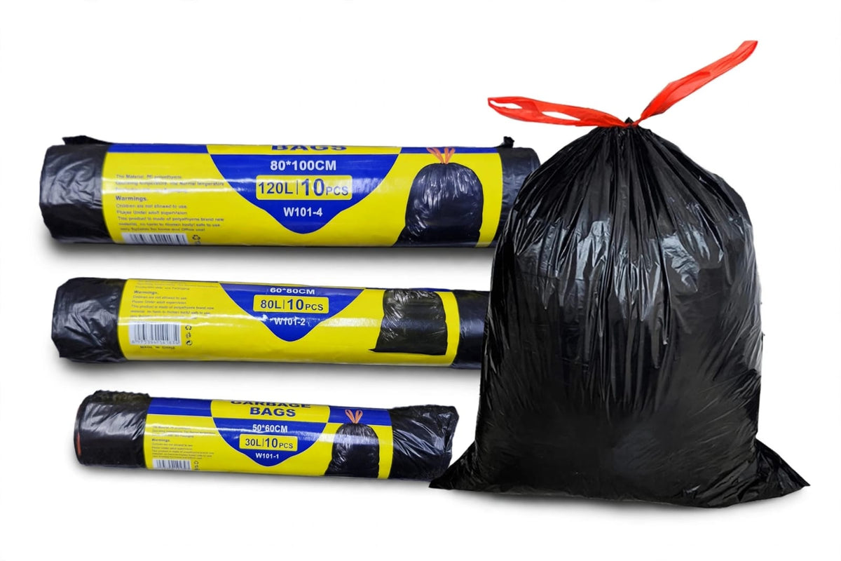 Drawstring Garbage Bags 20 Roll, Thick Black Bin Liners with Red Tie Strings, 30L Bathroom, 80L Kitchen or 120L Jumbo Trash Bags