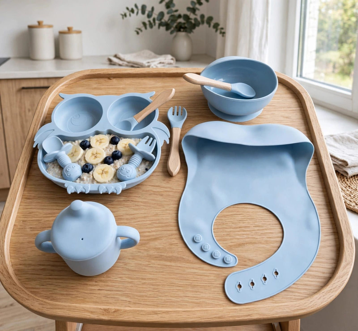 Baby Silicone Feeding Set 6 Piece, Owl Design, Suction Plate and Bowl, Waterproof Bib, Spoon, Fork and Cup for 6 Months Plus