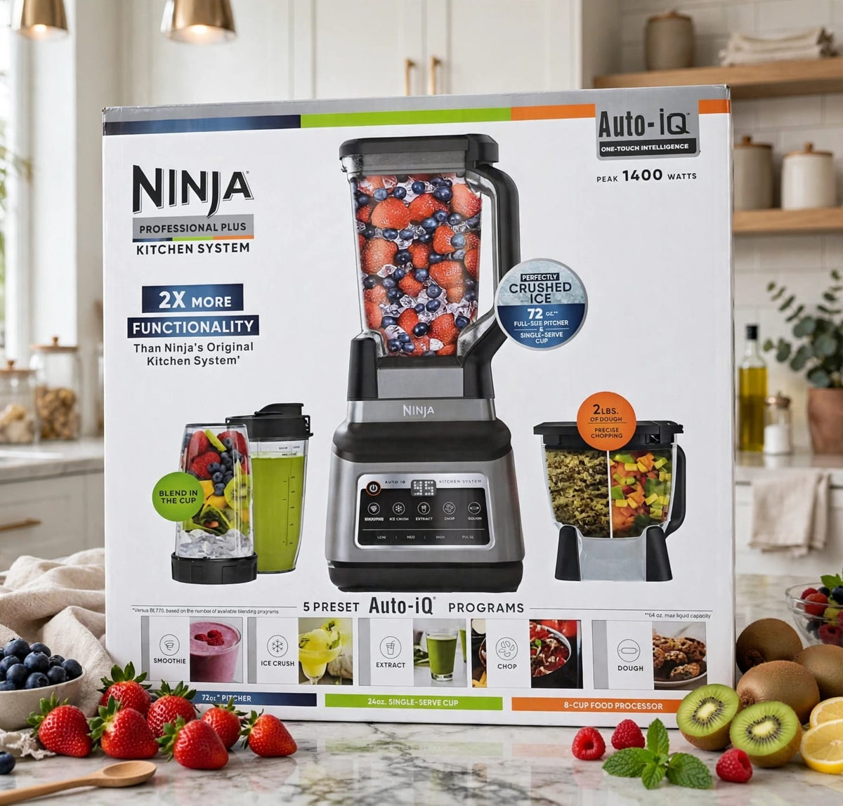 Ninja Auto-iQ Kitchen System 3-in-1 1200W, 2.1L Blender, 2L Food Processor with Dough Blade and 700ml Nutri Cup