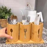 Bamboo Cutlery Holder Set with Tray, 3 Holders for Spoons, Forks and Knives, Countertop Utensil Organiser