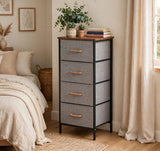 4 Drawer Fabric Storage Cabinet, Tall Slim Drawer Tower with Wood Top, Grey Linen