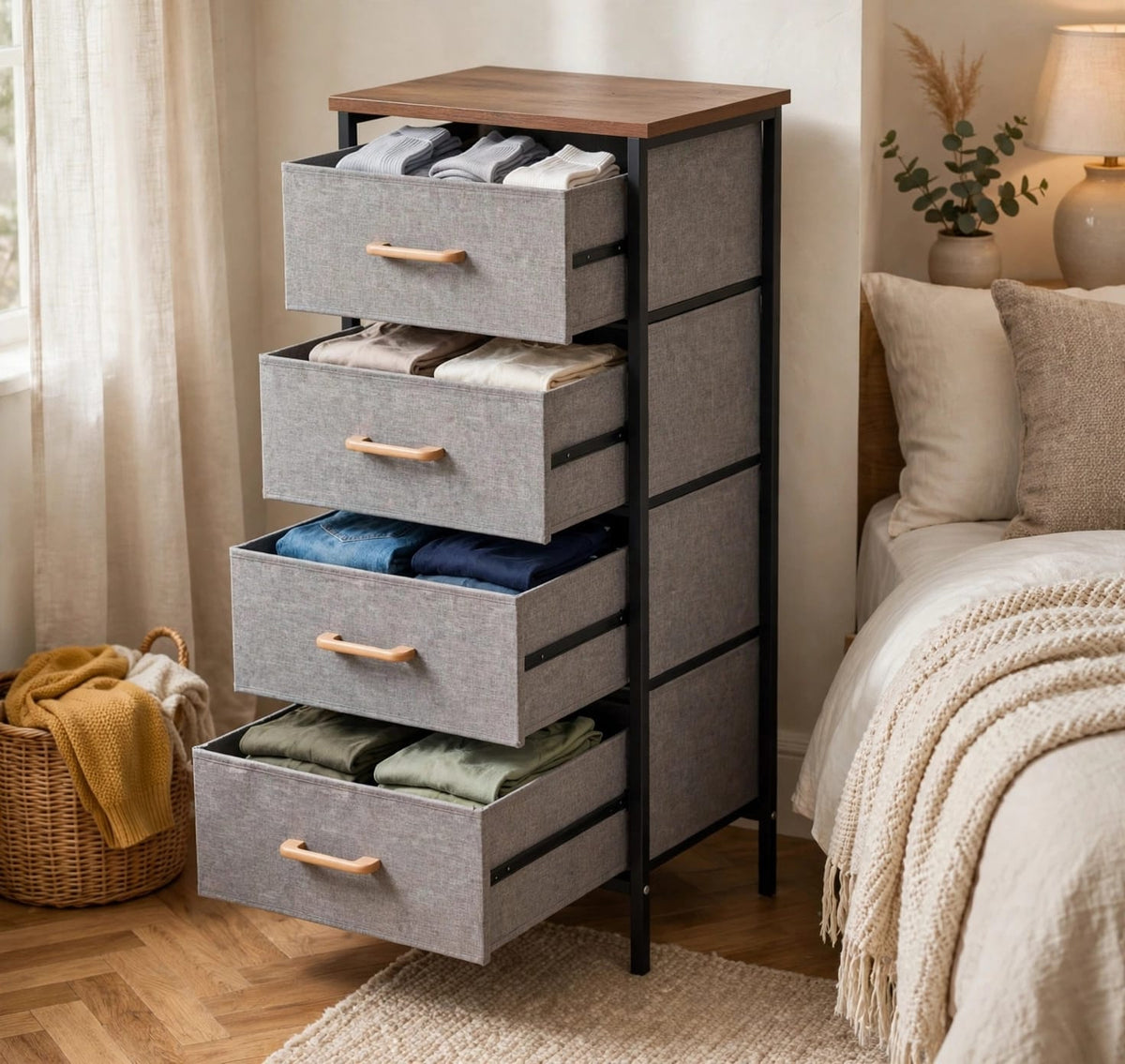 4 Drawer Fabric Storage Cabinet, Tall Slim Drawer Tower with Wood Top, Grey Linen
