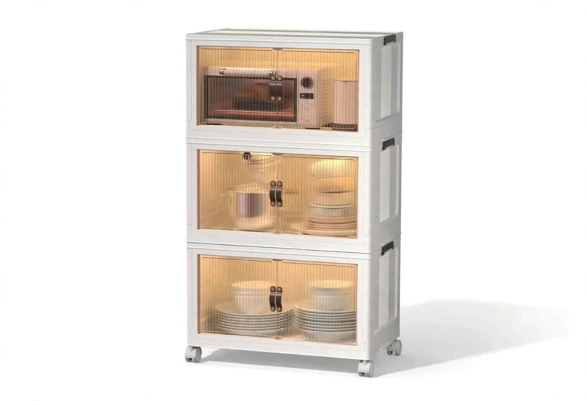 Collapsible Storage Cabinet with Doors & Wheels, 3 & 5 Layer Stackable Storage Box Organizer for Kitchen, Bedroom & Closet