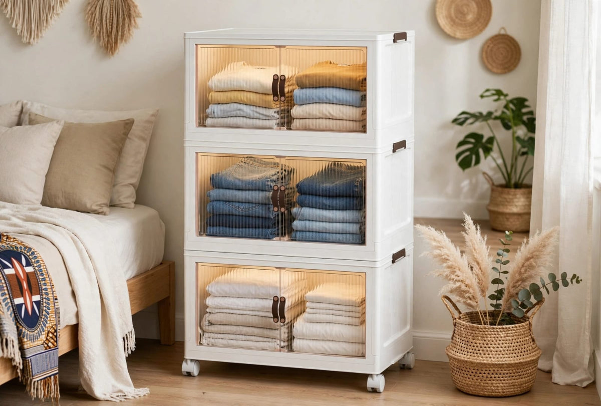 Collapsible Storage Cabinet with Doors & Wheels, 3 & 5 Layer Stackable Storage Box Organizer for Kitchen, Bedroom & Closet
