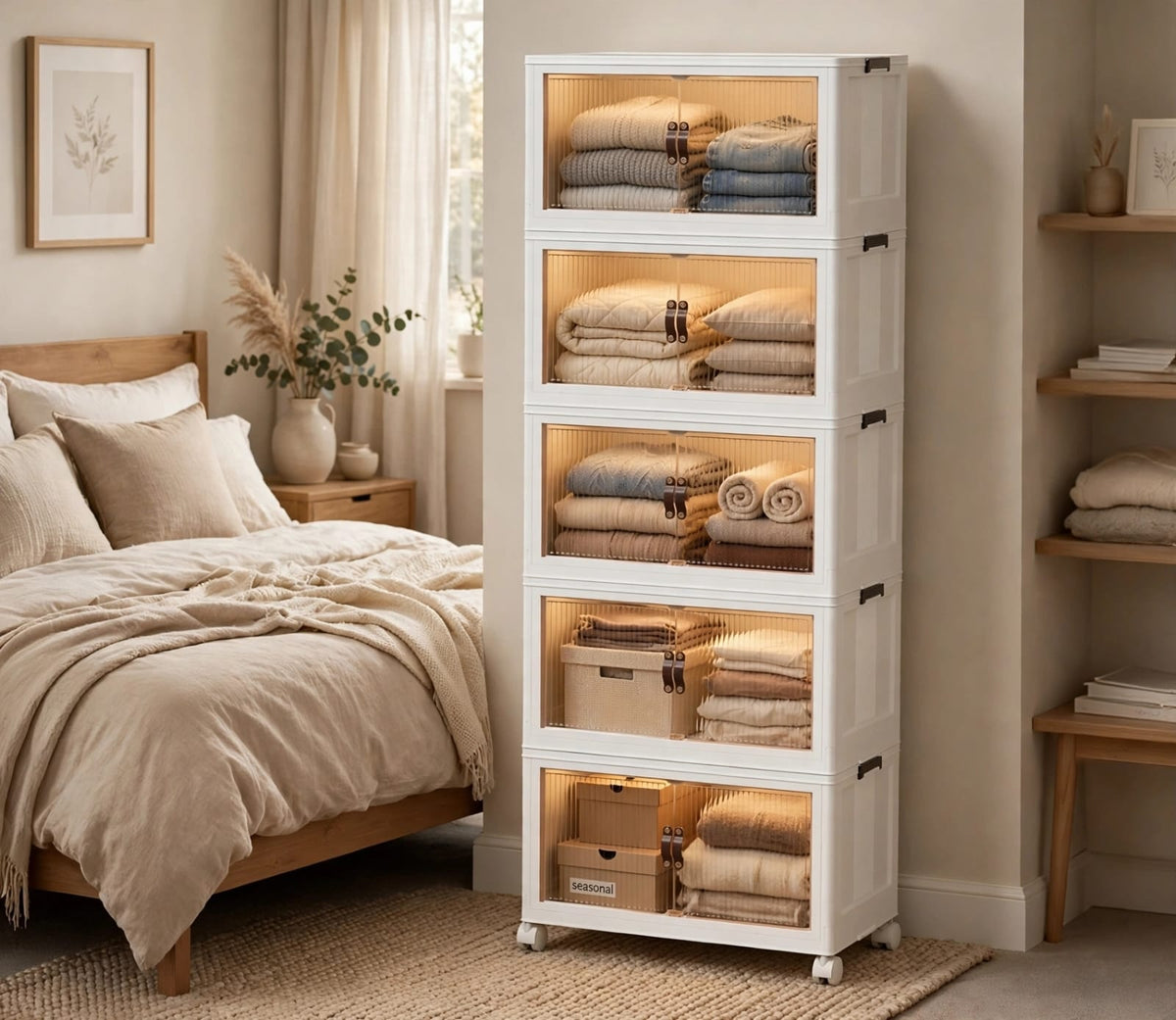 Collapsible Storage Cabinet with Doors & Wheels, 3 & 5 Layer Stackable Storage Box Organizer for Kitchen, Bedroom & Closet