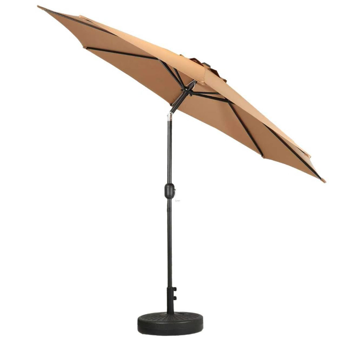 Garden Umbrella 2.7m with Tilt and 22L Fillable Round Base, Khaki | Centre Pole Patio Umbrella with Crank Handle for Garden, Balcony and Poolside