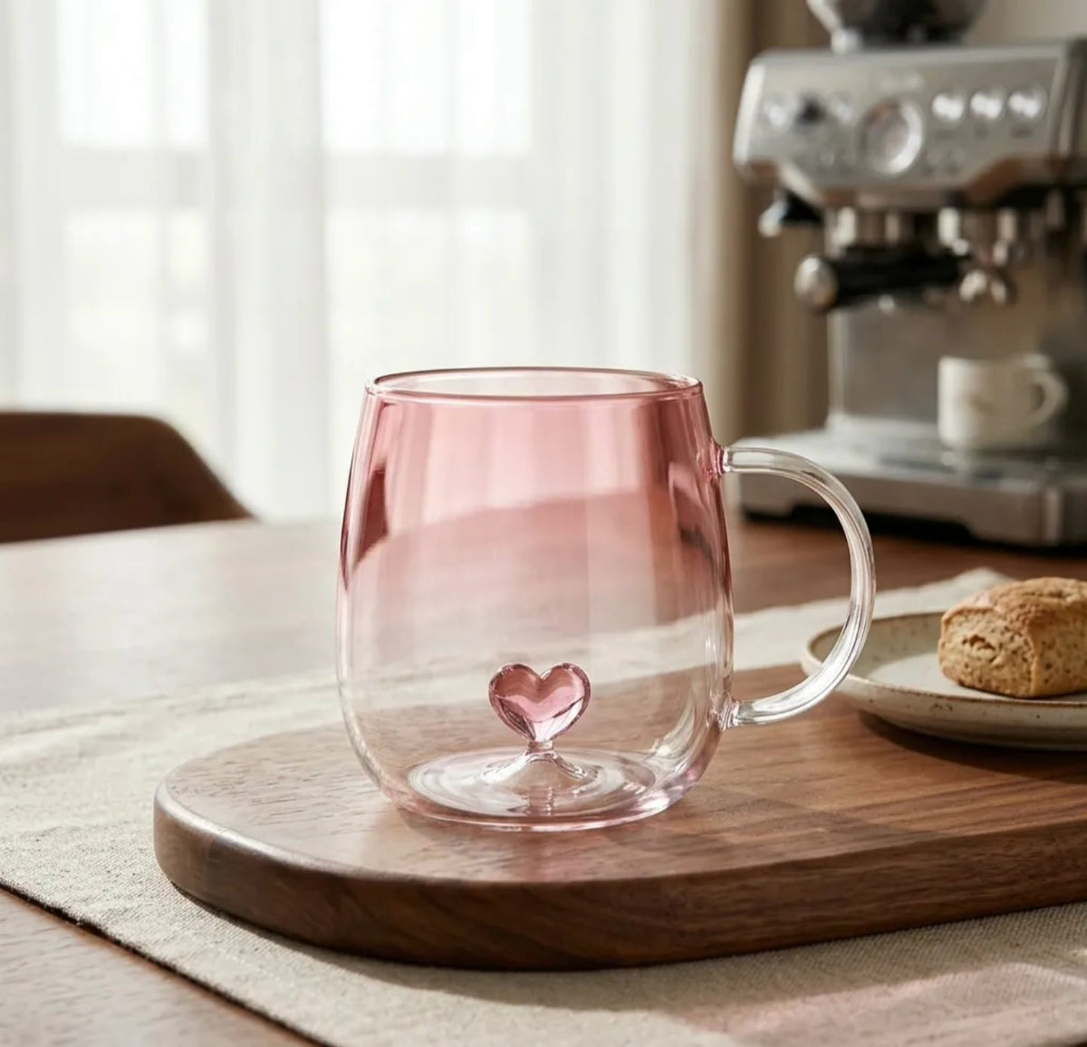 Pink Heart Glass Mugs Set of 2, 380ml Borosilicate | Clear Double Wall Coffee and Tea Mugs with Floating Heart, Gift Set