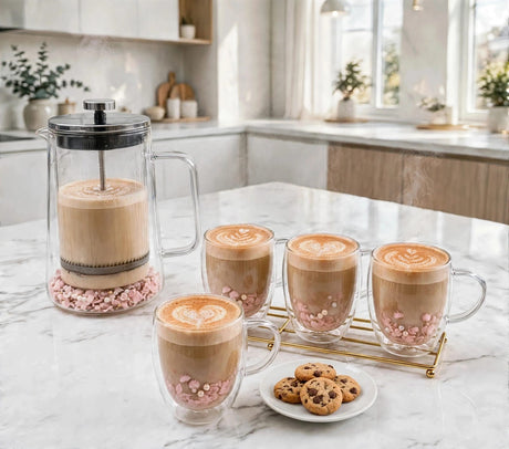 Dried flower French press set, pink flowers with beads, latte in the double wall cups