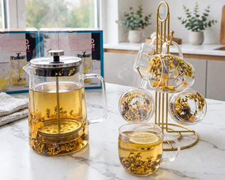 Dried flower French press set, yellow and purple flowers, 1000ml press with 4 double wall cups
