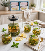 Dried flower French press set, green flowers, 1000ml press with 4 double wall cups