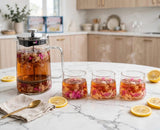 Dried flower French press set, pink flowers, 1000ml press with 4 double wall cups