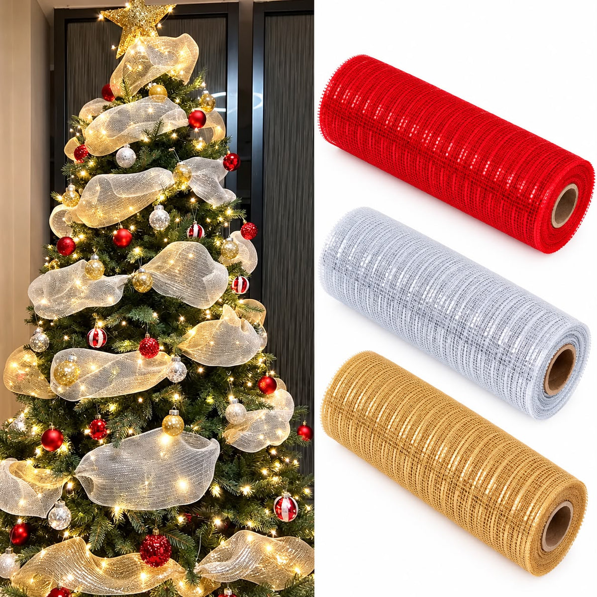 Christmas Deco Mesh Ribbon 10m Roll, Red, White and Silver or Gold | Wide Mesh Ribbon for Christmas Tree, Wreaths, Garlands and Bows