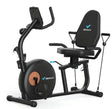 S23 recumbent exercise bike with padded backrest, orange flywheel cover and upper-body resistance bands