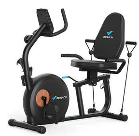 S23 recumbent exercise bike with padded backrest, orange flywheel cover and upper-body resistance bands
