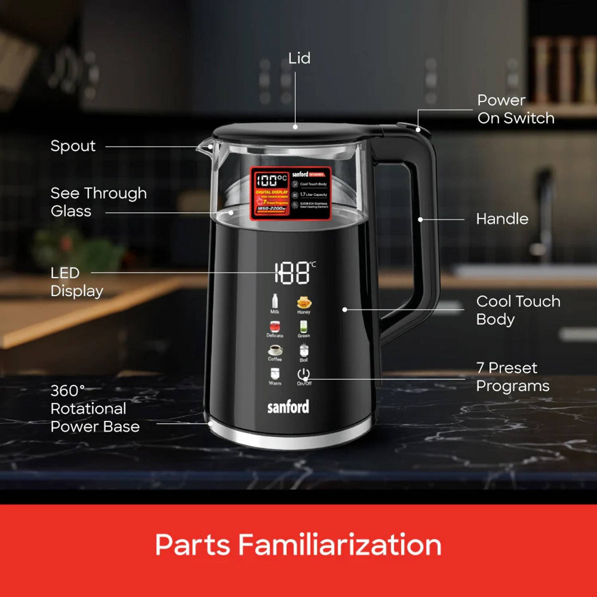 Sanford Premium 1.7L Smart Kettle 1850W-2200W Double Layer Cordless Electric Kettle with Digital Touch Screen, Auto Lid, 7 Preset Programs & Keep Warm 304 Stainless Steel Heating Element