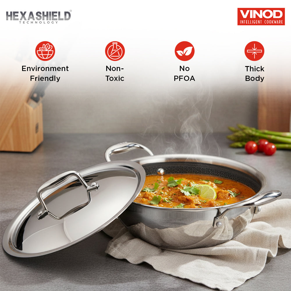 Vinod Platinum Tri-Ply Stainless Steel Pro Extra Deep Wok Pan with Lid - Homelux Kenya