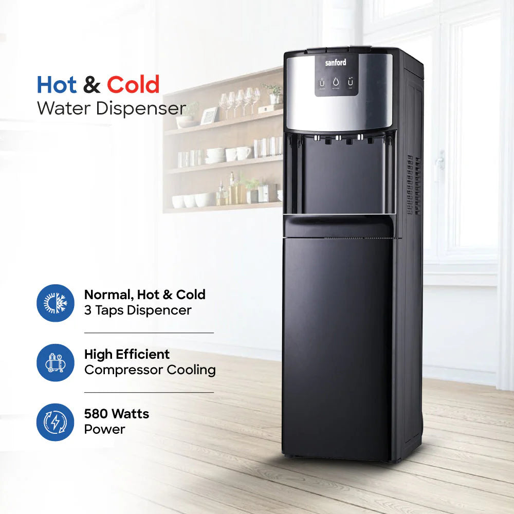 Sanford Bottom Load Hot, Cold & Normal Water Dispenser | #304 Stainless Steel Tank | Compressor Cooling | 520W Power