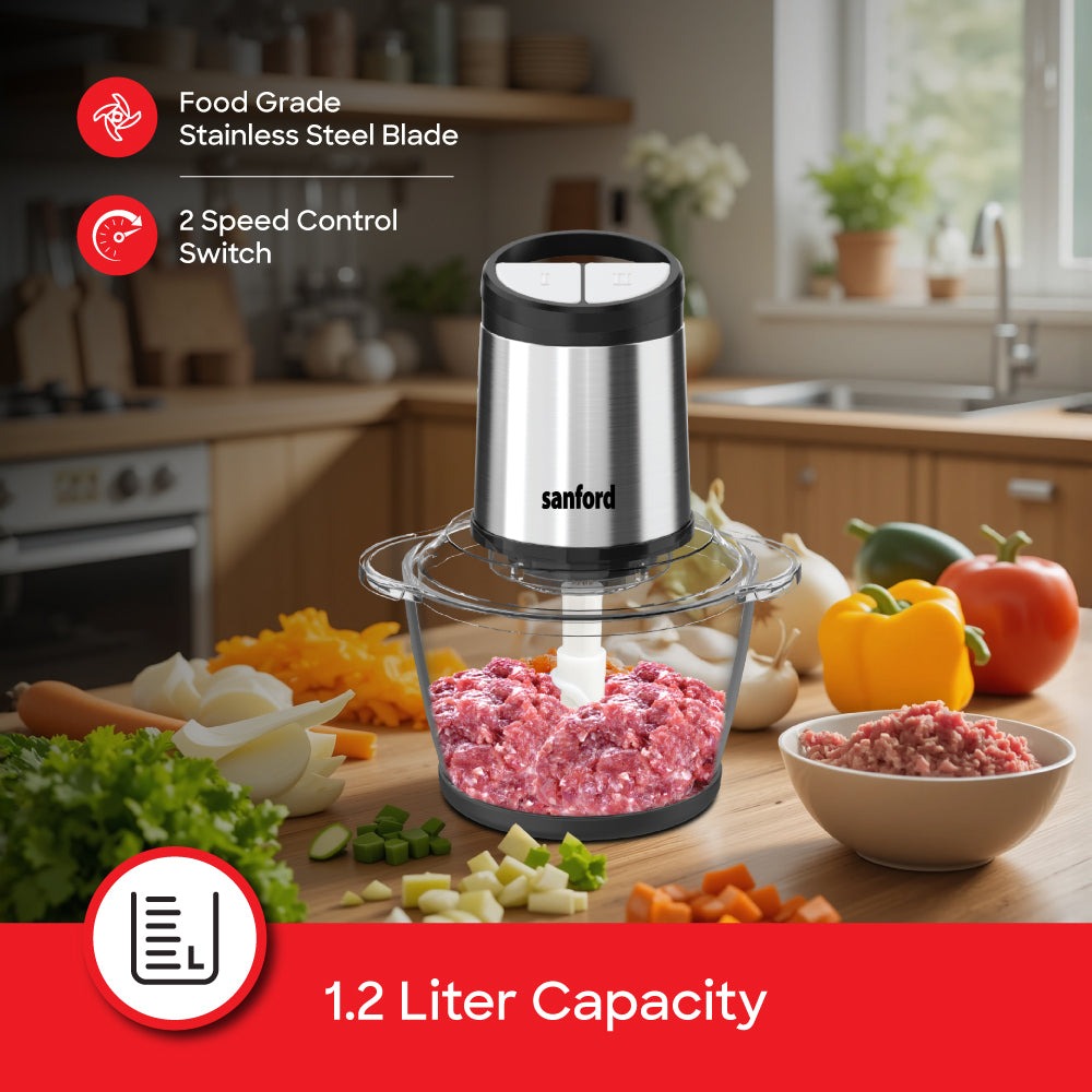 Sanford 1.2L 500W Electric Food Chopper with Glass Bowl and 2-Speed Control