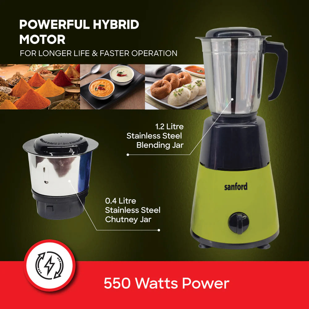 Sanford 550W Mixer Grinder | 1.2L Blending Jar & 0.4L Chutney Jar | 3-Speed Control | Stainless Steel Blades