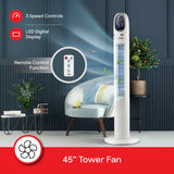 Sanford 45-Inch Tower Fan | Slim Design | 50W Power | LED Touch Display | 3 Speeds | 24H Timer | Remote Control | Wide Oscillation | Detachable Base | Quiet Operation