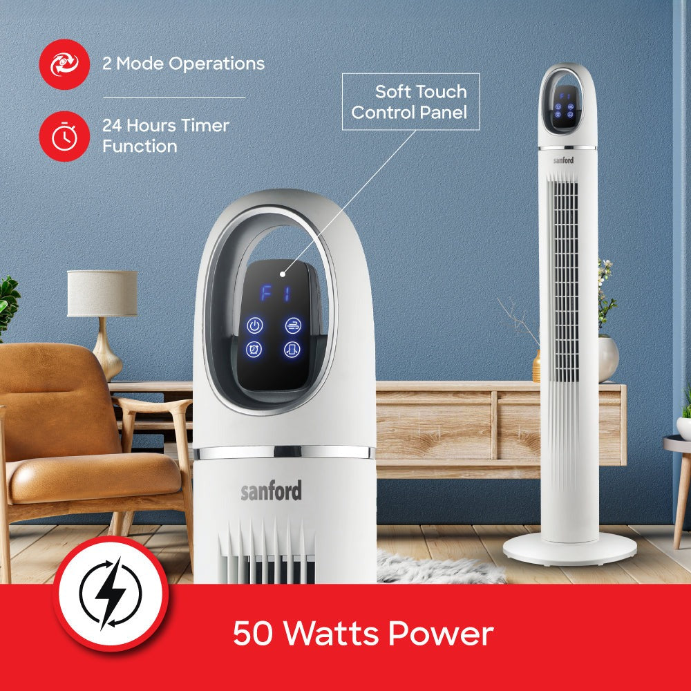 Sanford 45-Inch Tower Fan | Slim Design | 50W Power | LED Touch Display | 3 Speeds | 24H Timer | Remote Control | Wide Oscillation | Detachable Base | Quiet Operation